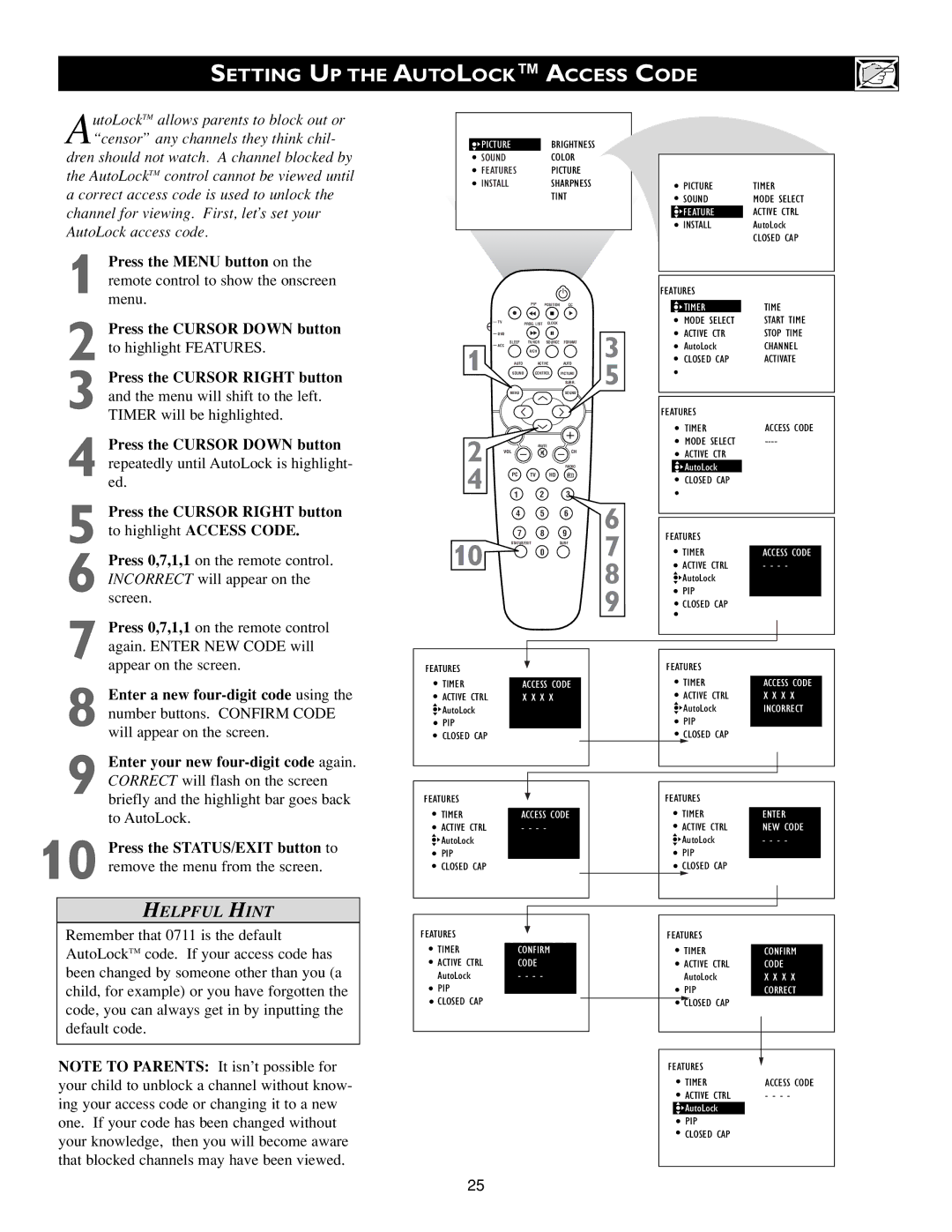 Philips 15PF9936/58 warranty Setting UP the Autolock Access Code, Timer 