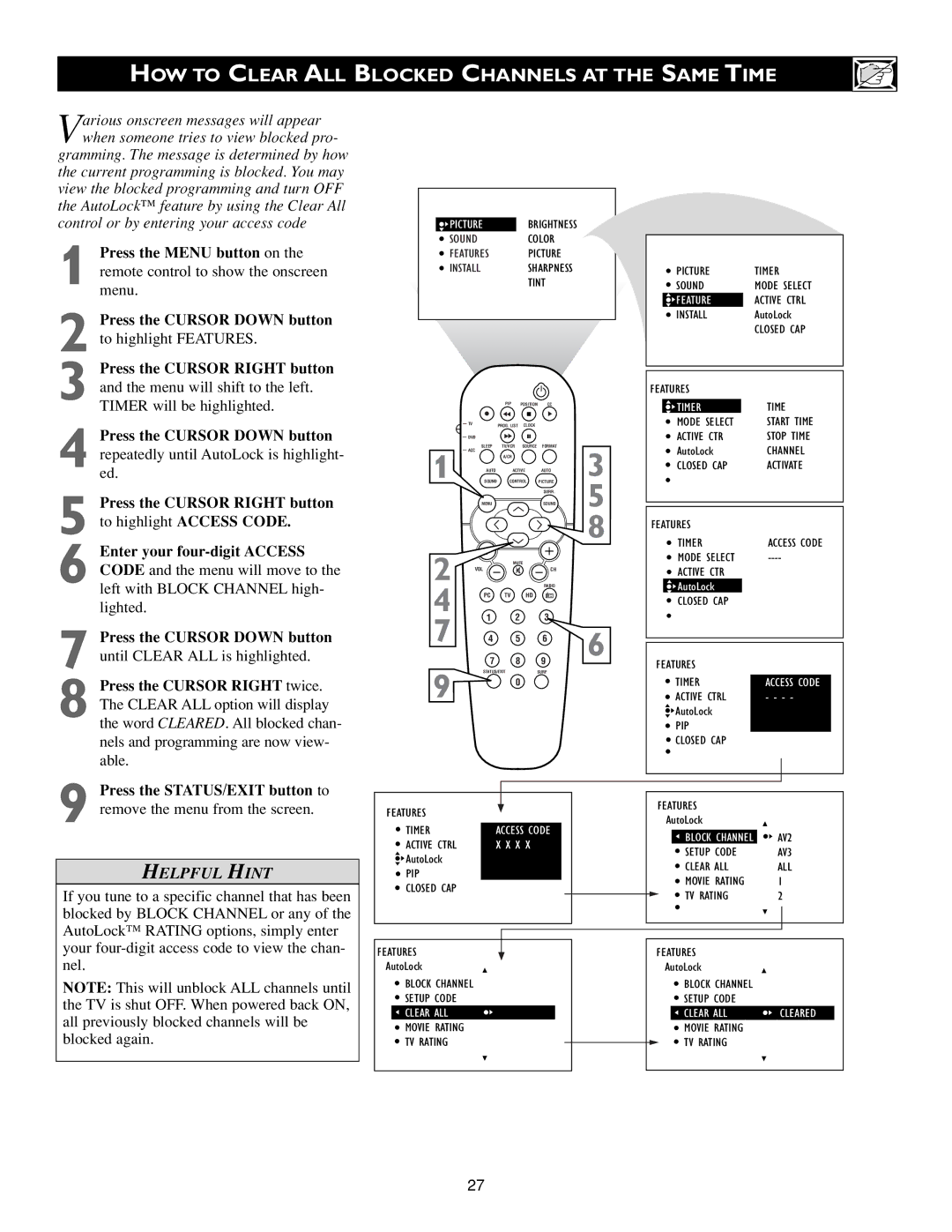 Philips 15PF9936/58 warranty HOW to Clear ALL Blocked Channels AT the Same Time, Block Options 