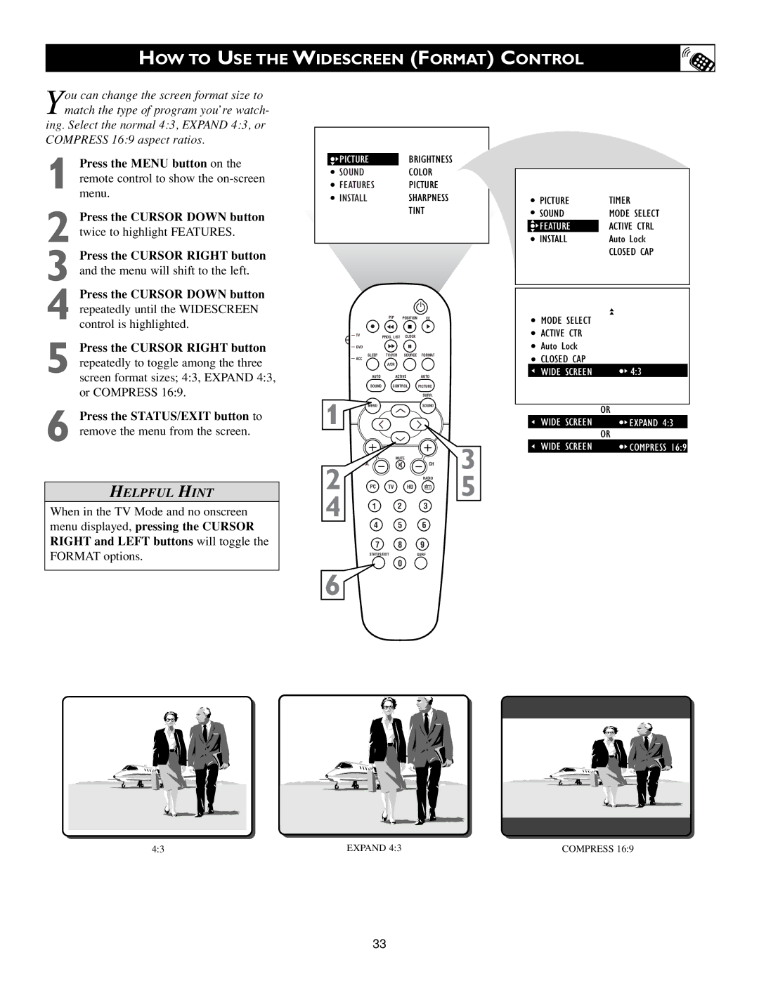 Philips 15PF9936/58 warranty HOW to USE the Widescreen Format Control, Format options 