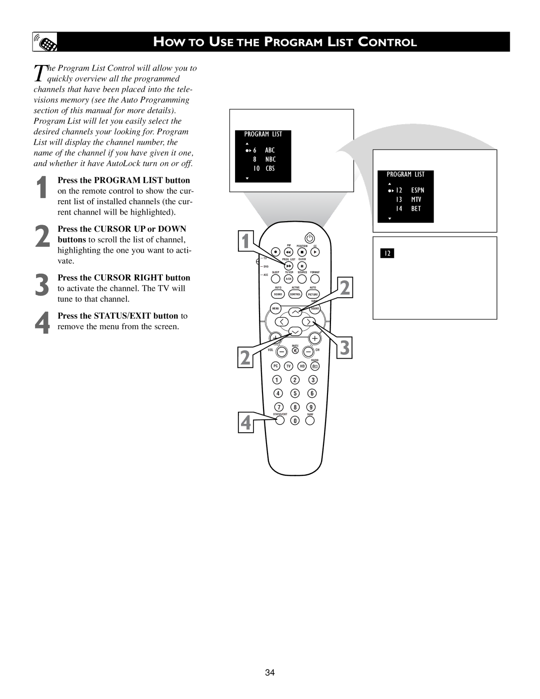 Philips 15PF9936/58 warranty HOW to USE the Program List Control, Highlighting the one you want to acti- vate 