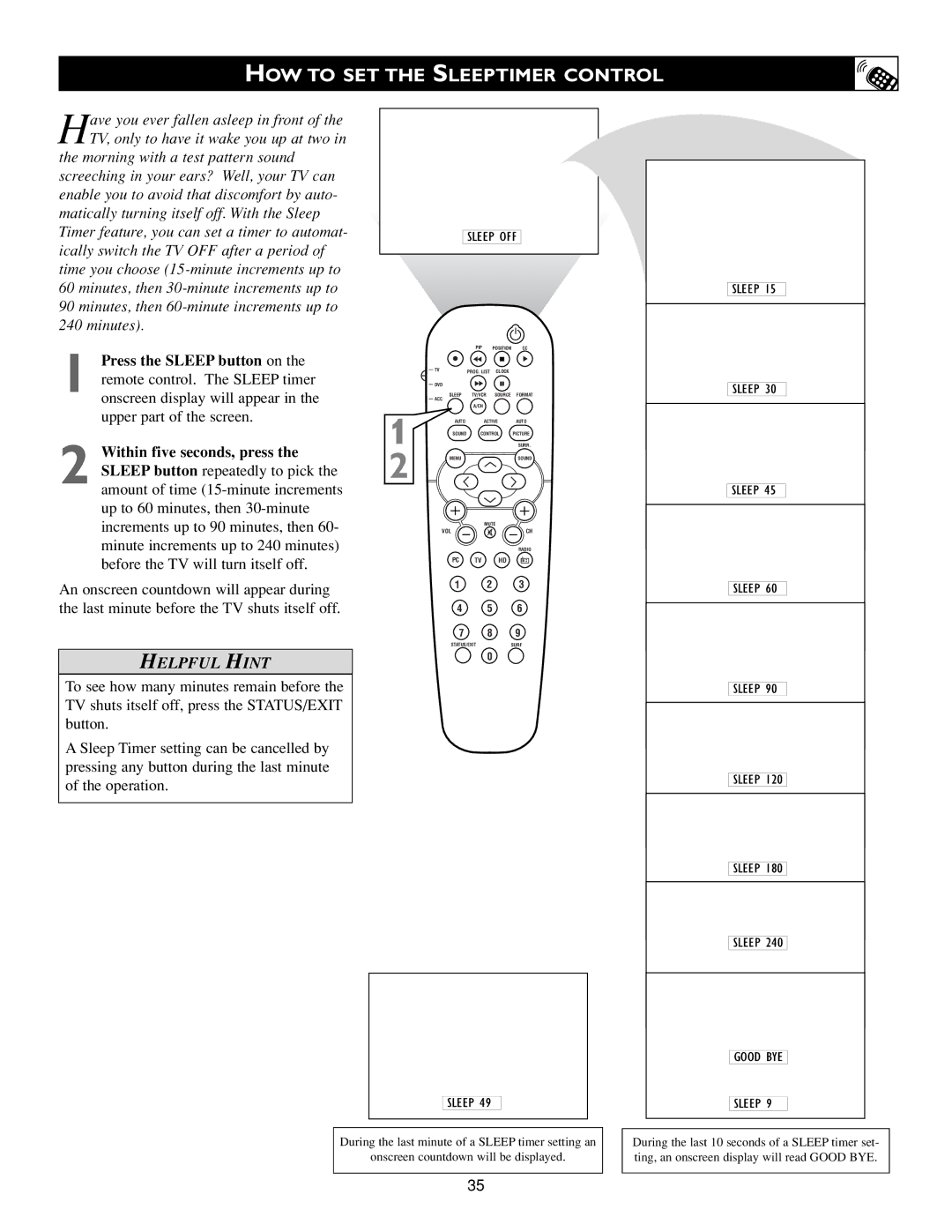 Philips 15PF9936/58 warranty HOW to SET the Sleeptimer Control, Sleep OFF 