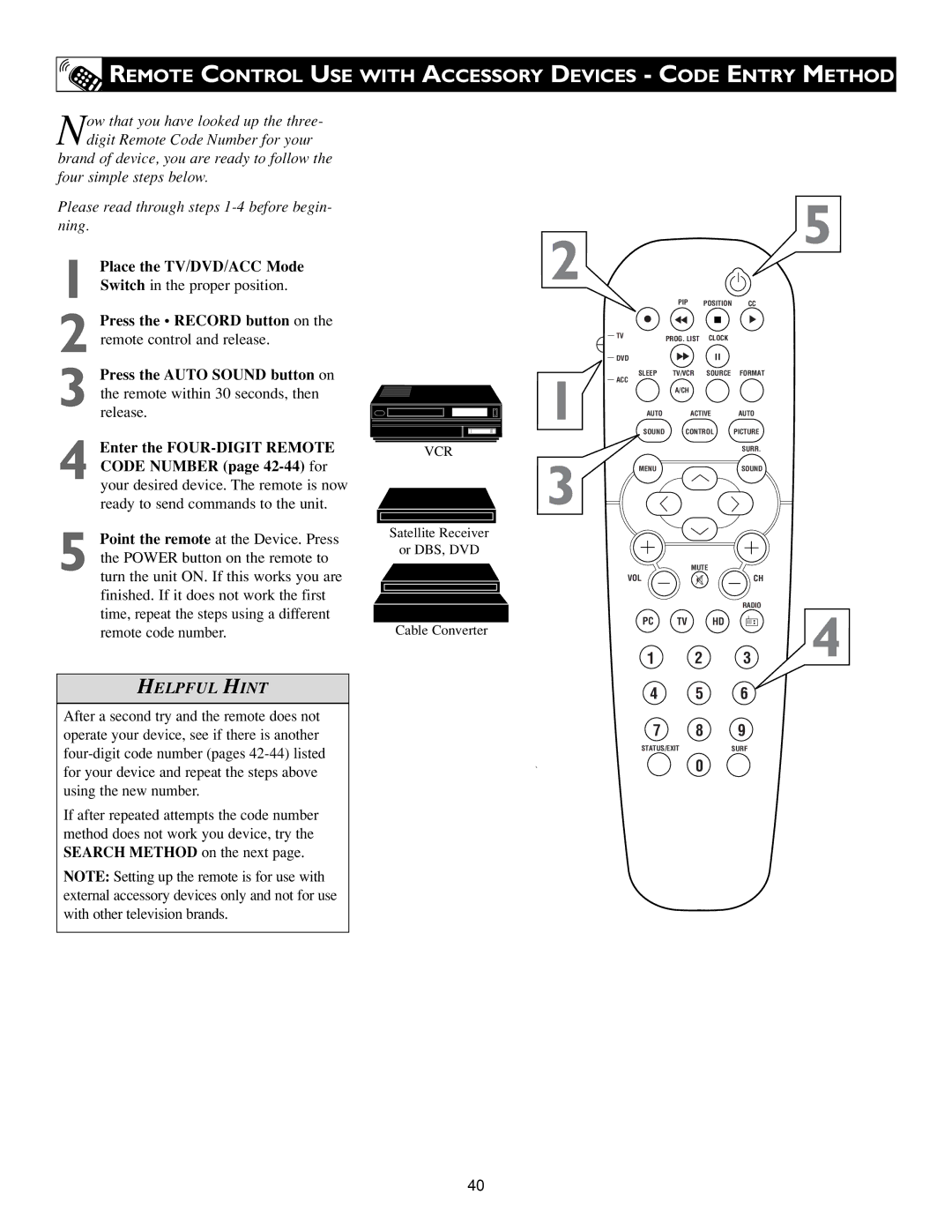 Philips 15PF9936/58 warranty Remote Control USE with Accessory Devices Code Entry Method 