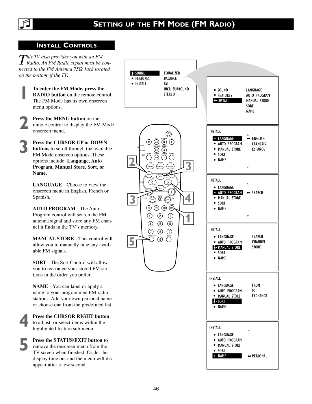 Philips 15PF9936/58 warranty Setting UP the FM Mode FM Radio, Install Controls 