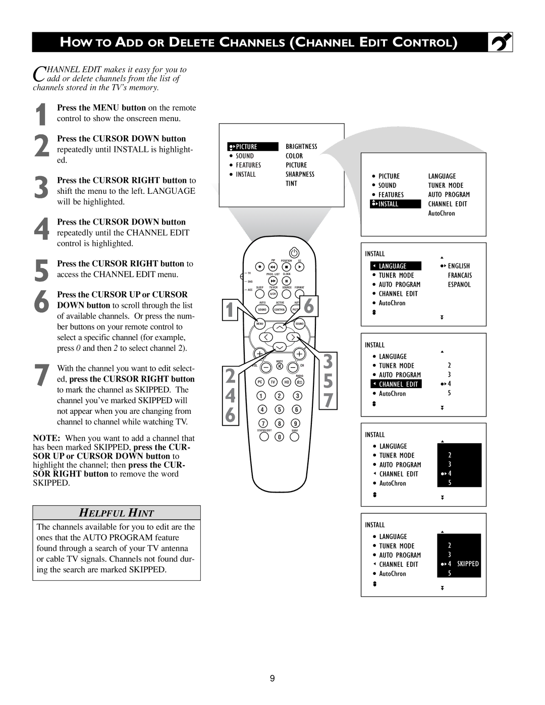 Philips 15PF9936/58 warranty HOW to ADD or Delete Channels Channel Edit Control, Skipped 