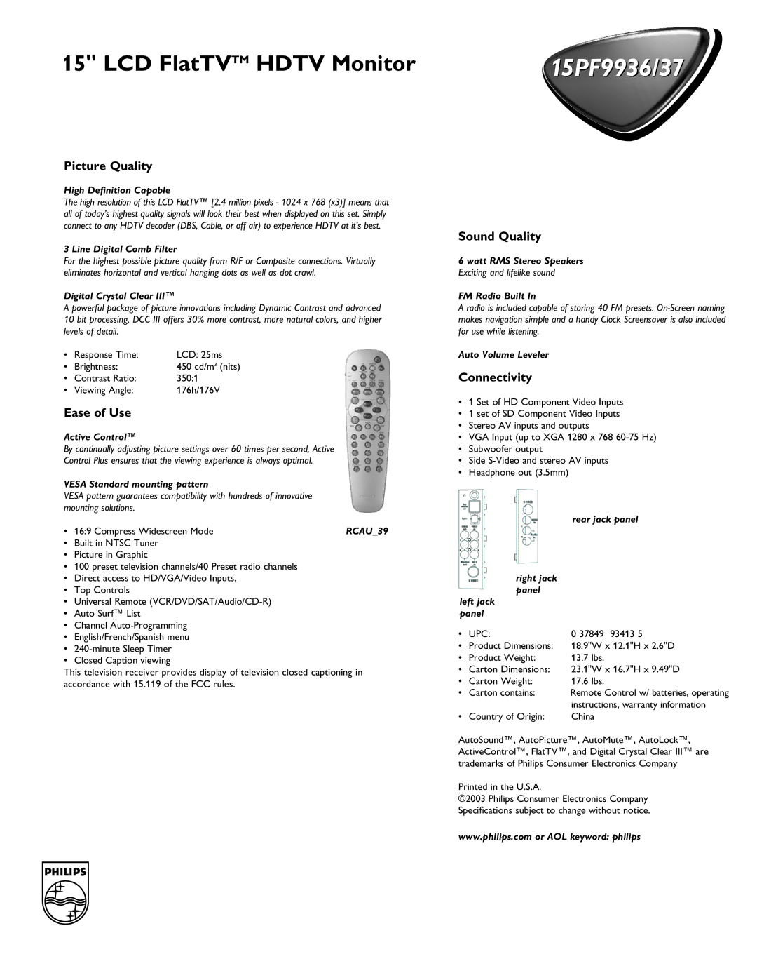 Philips 15PF9937 manual Picture Quality, Ease of Use, Sound Quality, Connectivity 