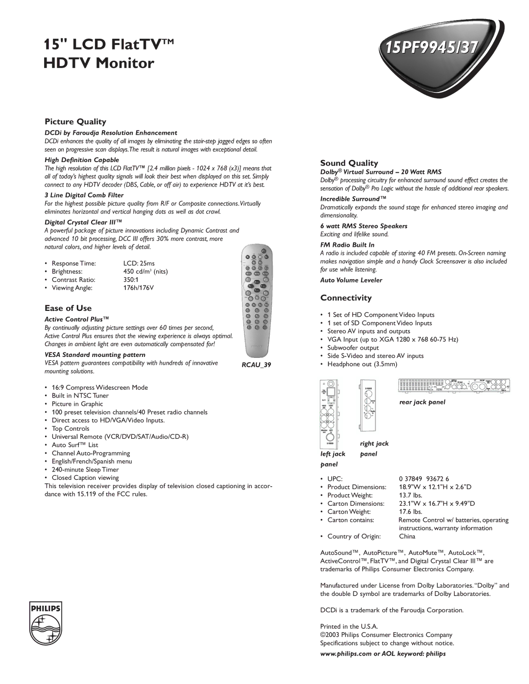 Philips 15PF9945/37 manual Picture Quality, Ease of Use, Sound Quality, Connectivity 