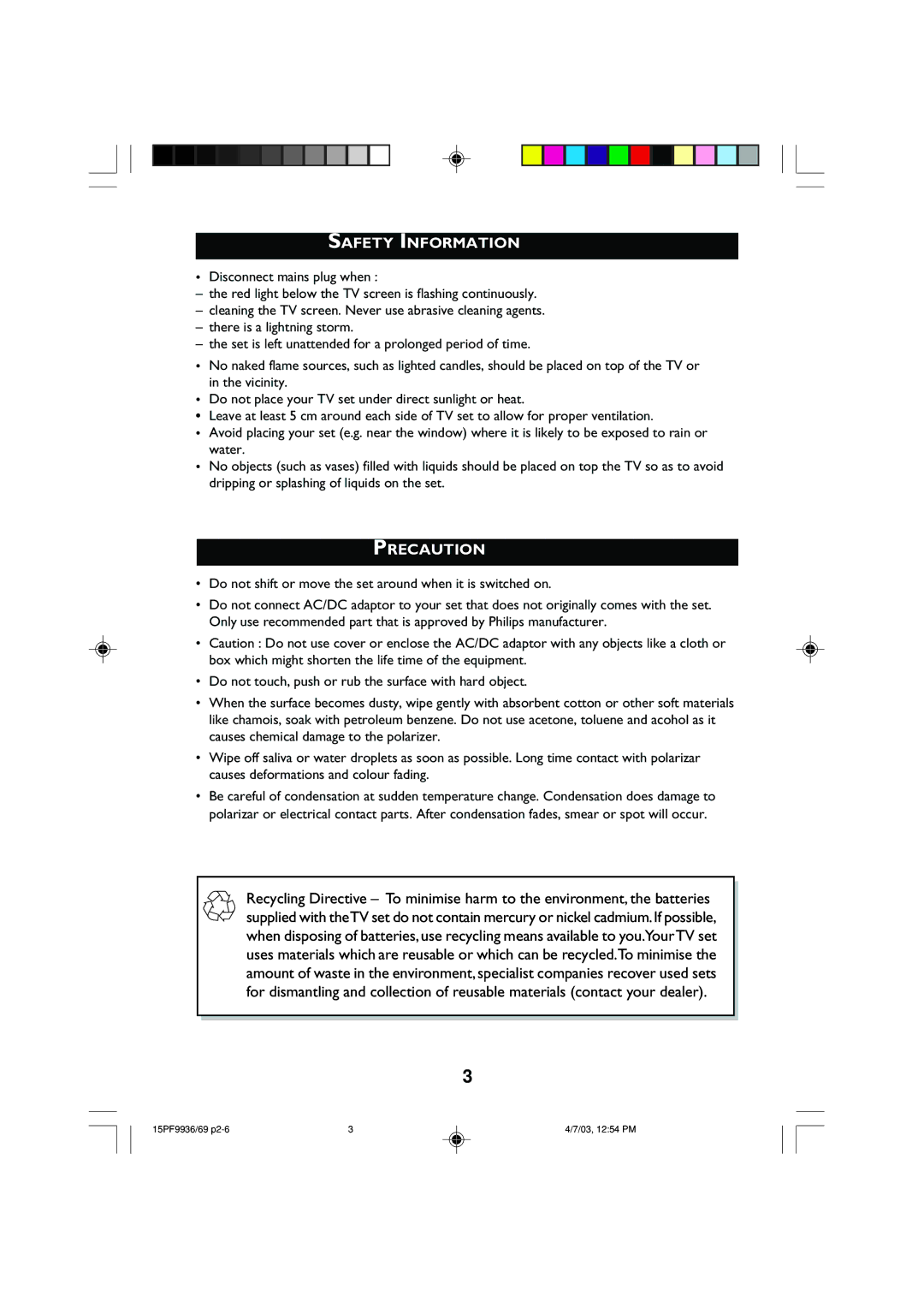 Philips 15PF9969 operating instructions Safety Information, Precaution 