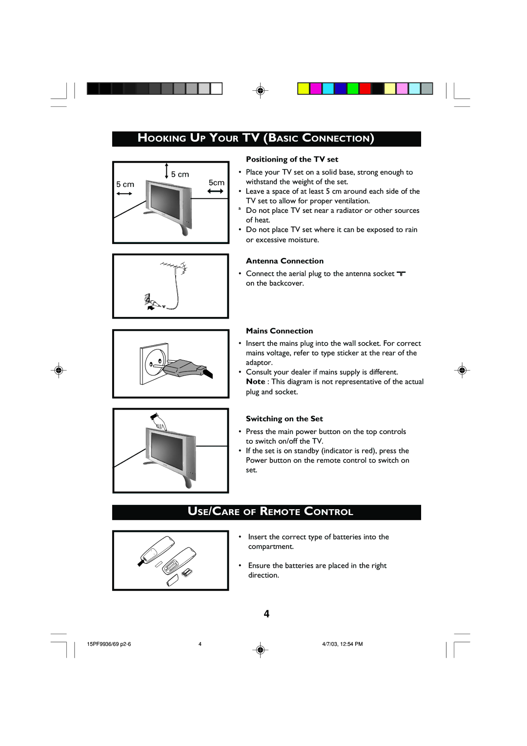 Philips 15PF9969 operating instructions Hooking UP Your TV Basic Connection, USE/CARE of Remote Control 