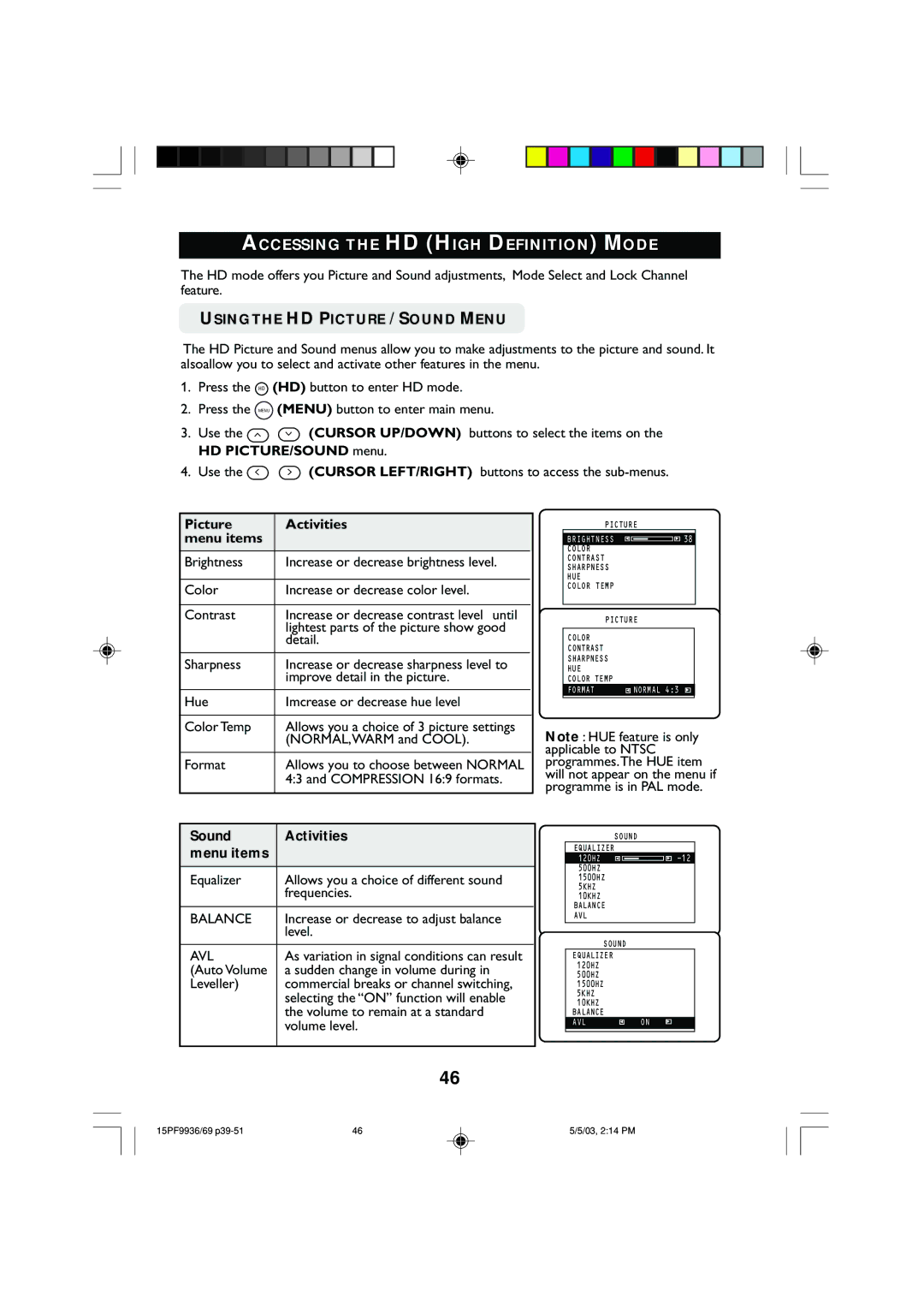 Philips 15PF9969 Accessing the HD High Definition Mode, Using the HD Picture / Sound Menu, Picture Activities Menu items 