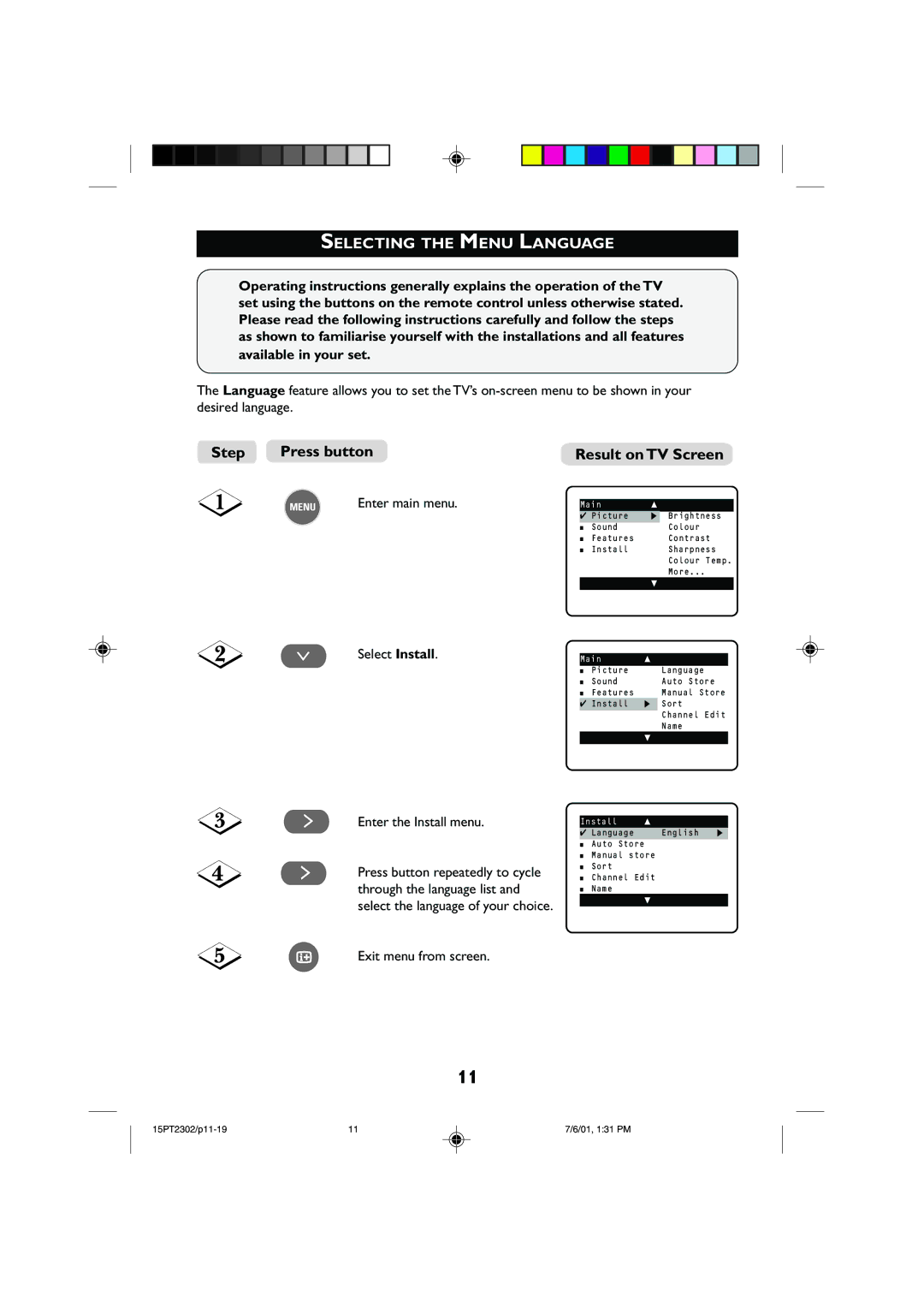 Philips 15PT2302 operating instructions Selecting the Menu Language, Step Press button, Result on TV Screen 