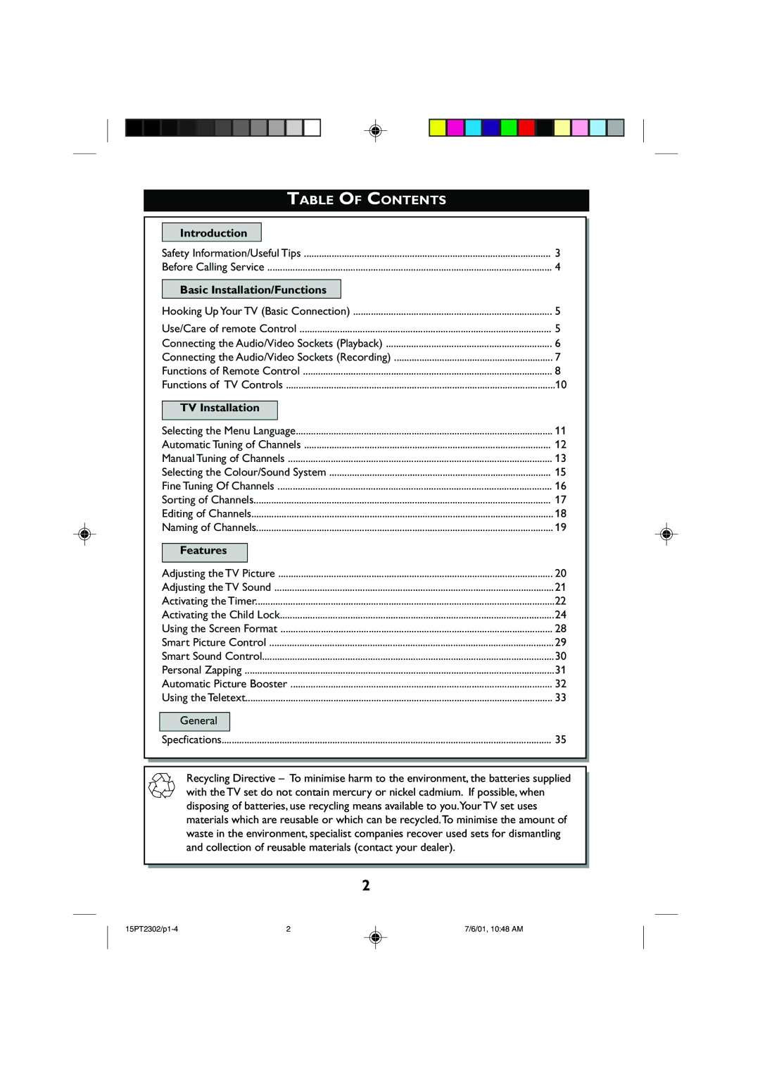 Philips 15PT2302 operating instructions Table of Contents 