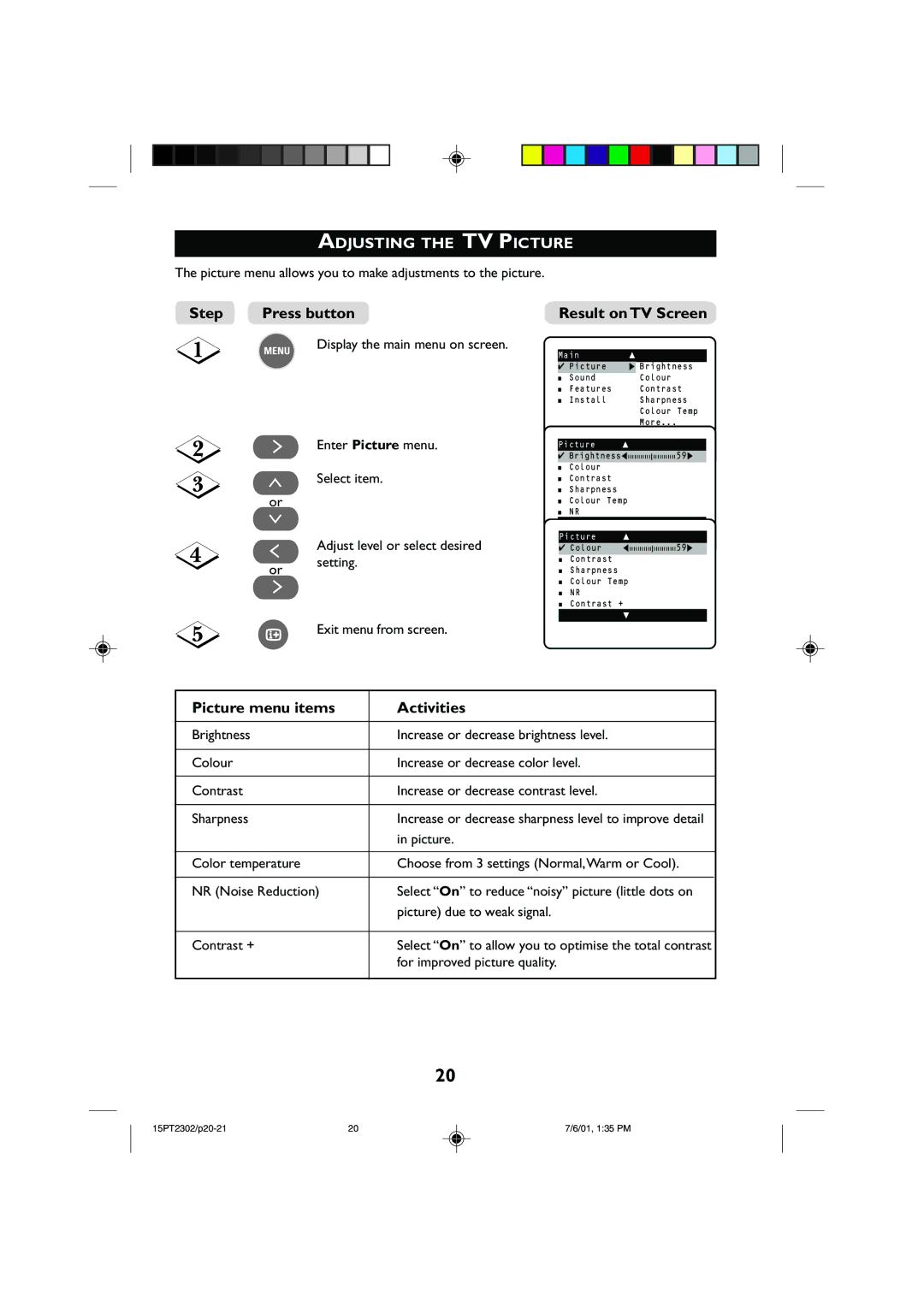 Philips 15PT2302 operating instructions Adjusting the TV Picture, Picture menu items Activities 