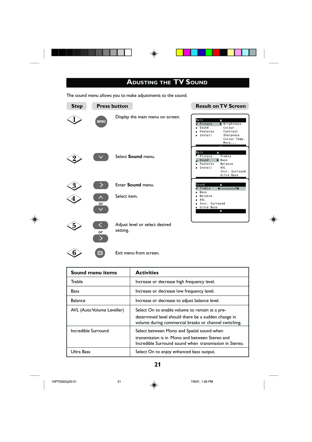 Philips 15PT2302 operating instructions Adusting the TV Sound, Sound menu items Activities 