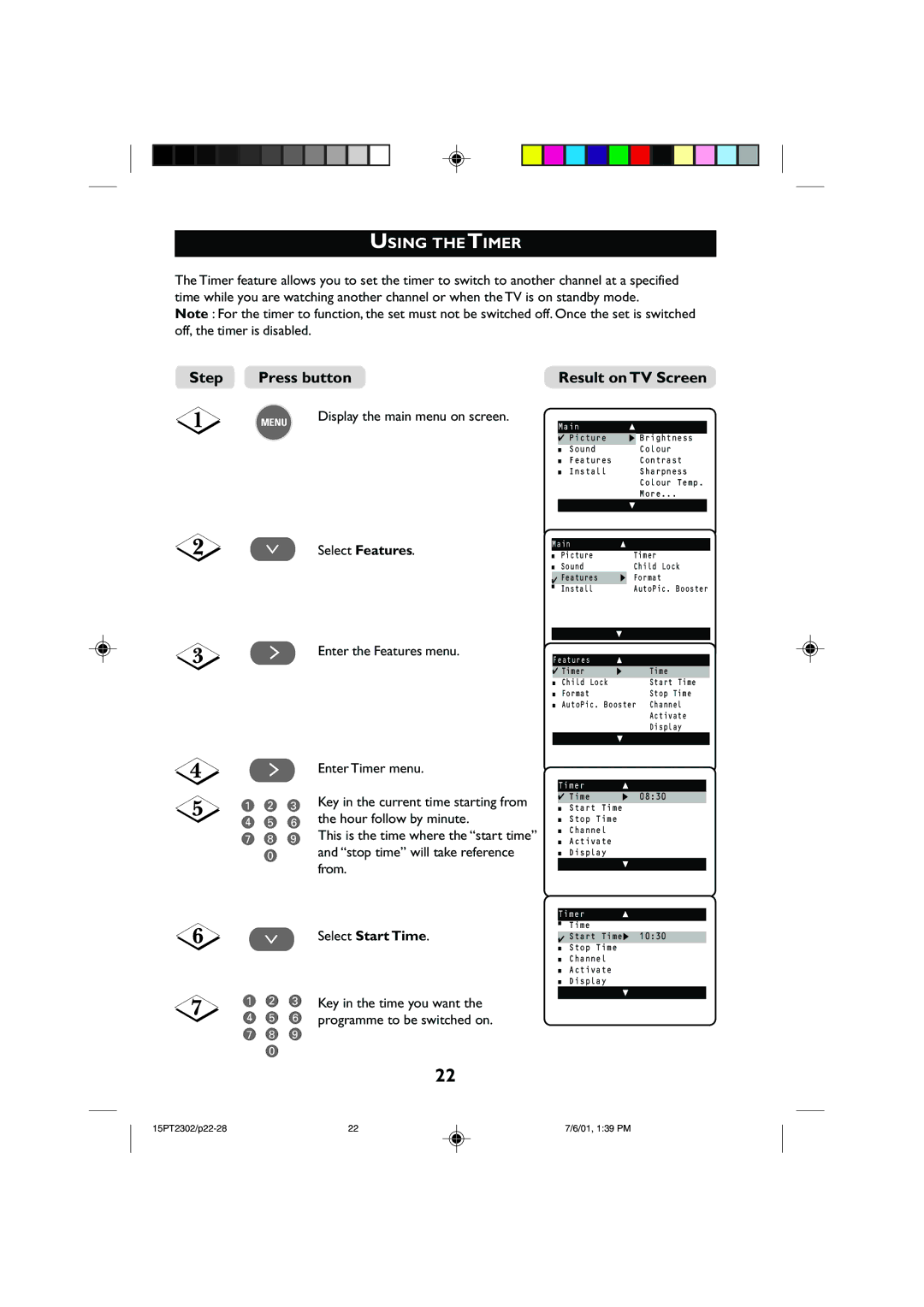 Philips 15PT2302 operating instructions Using Thetimer, Select Features, Enter the Features menu, Select Start Time 