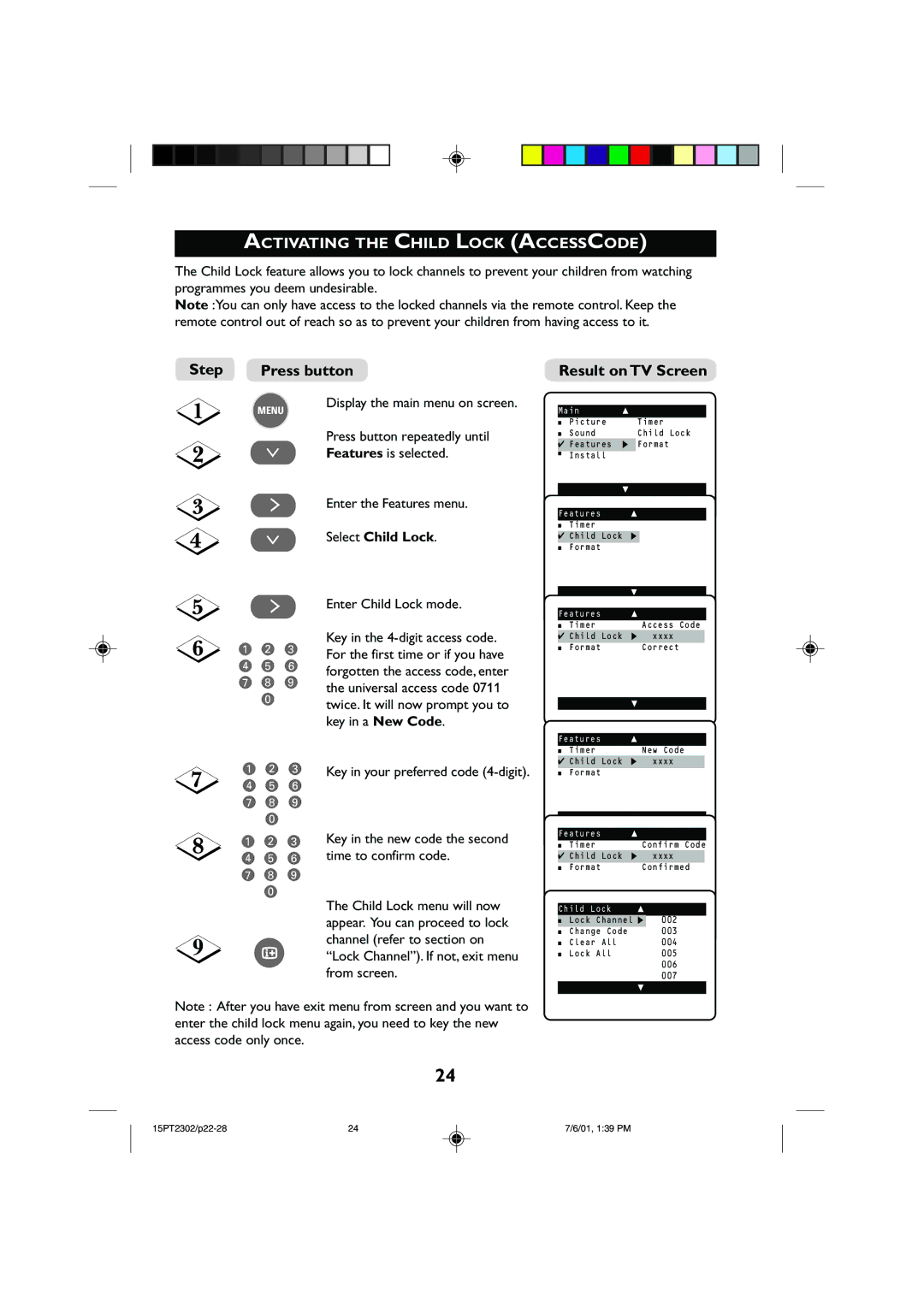 Philips 15PT2302 operating instructions Activating the Child Lock Accesscode, Select Child Lock, Enter Child Lock mode 