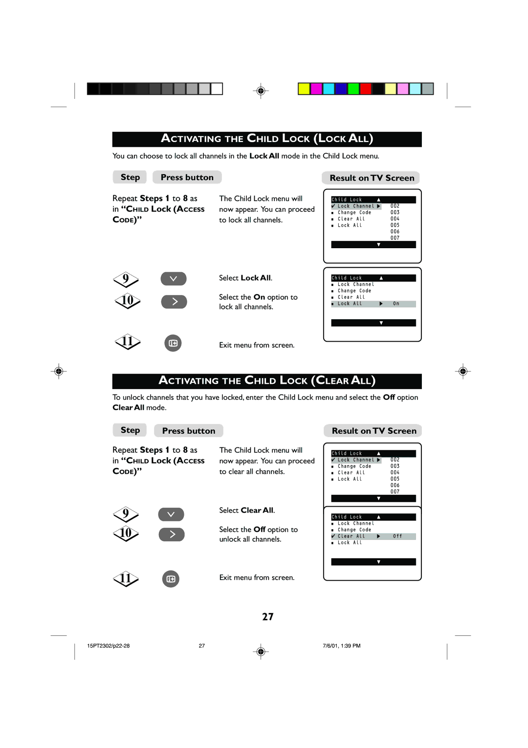Philips 15PT2302 Activating the Child Lock Lock ALL, Activating the Child Lock Clear ALL, To lock all channels 