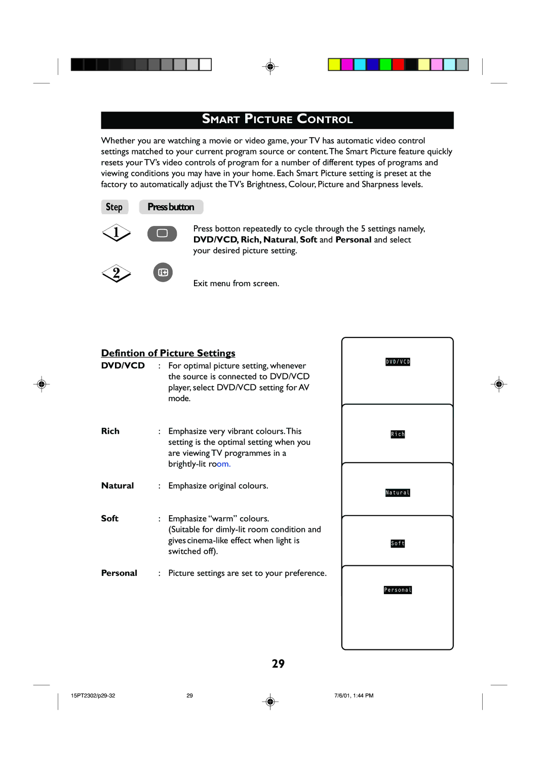 Philips 15PT2302 operating instructions Defintion of Picture Settings, Rich, Natural, Soft, Personal 