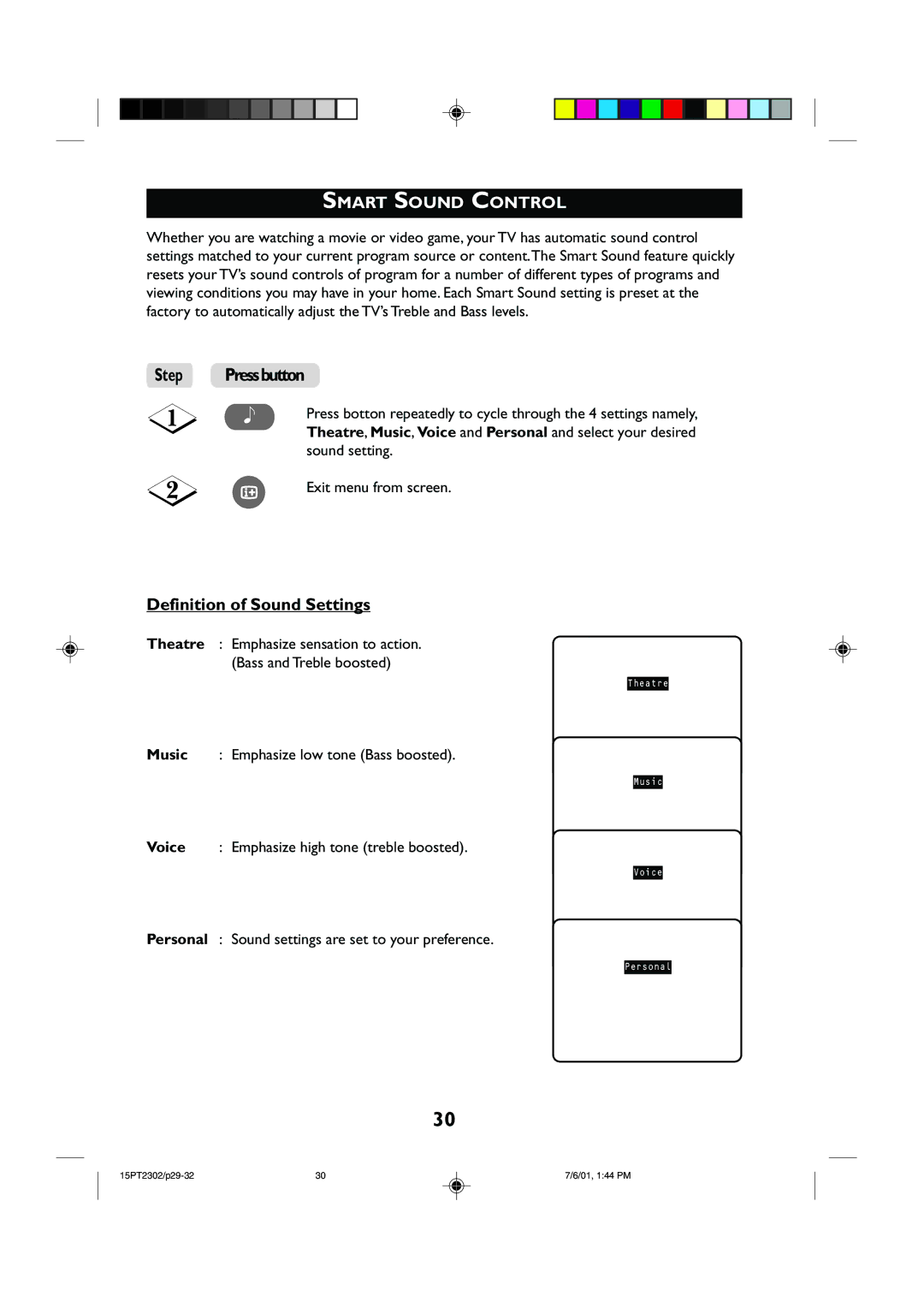 Philips 15PT2302 operating instructions Step Pressbutton, Definition of Sound Settings 