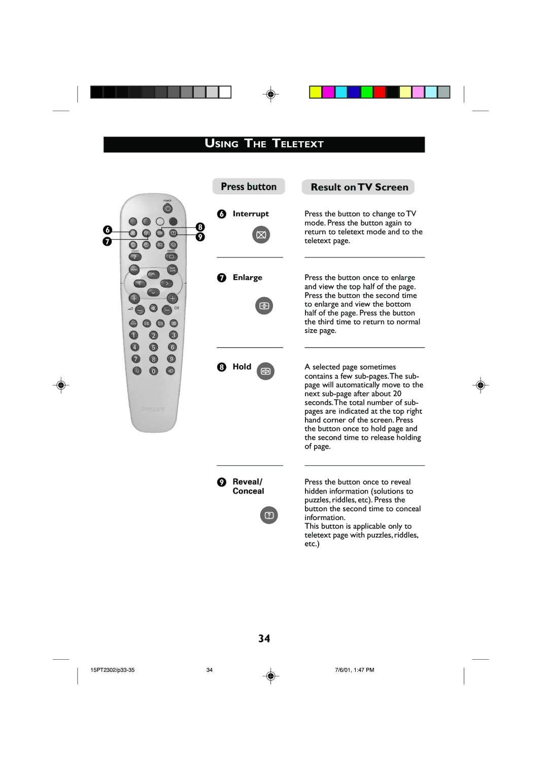 Philips 15PT2302 operating instructions Press button Result on TV Screen, § Interrupt Enlarge Hold f Reveal Conceal 