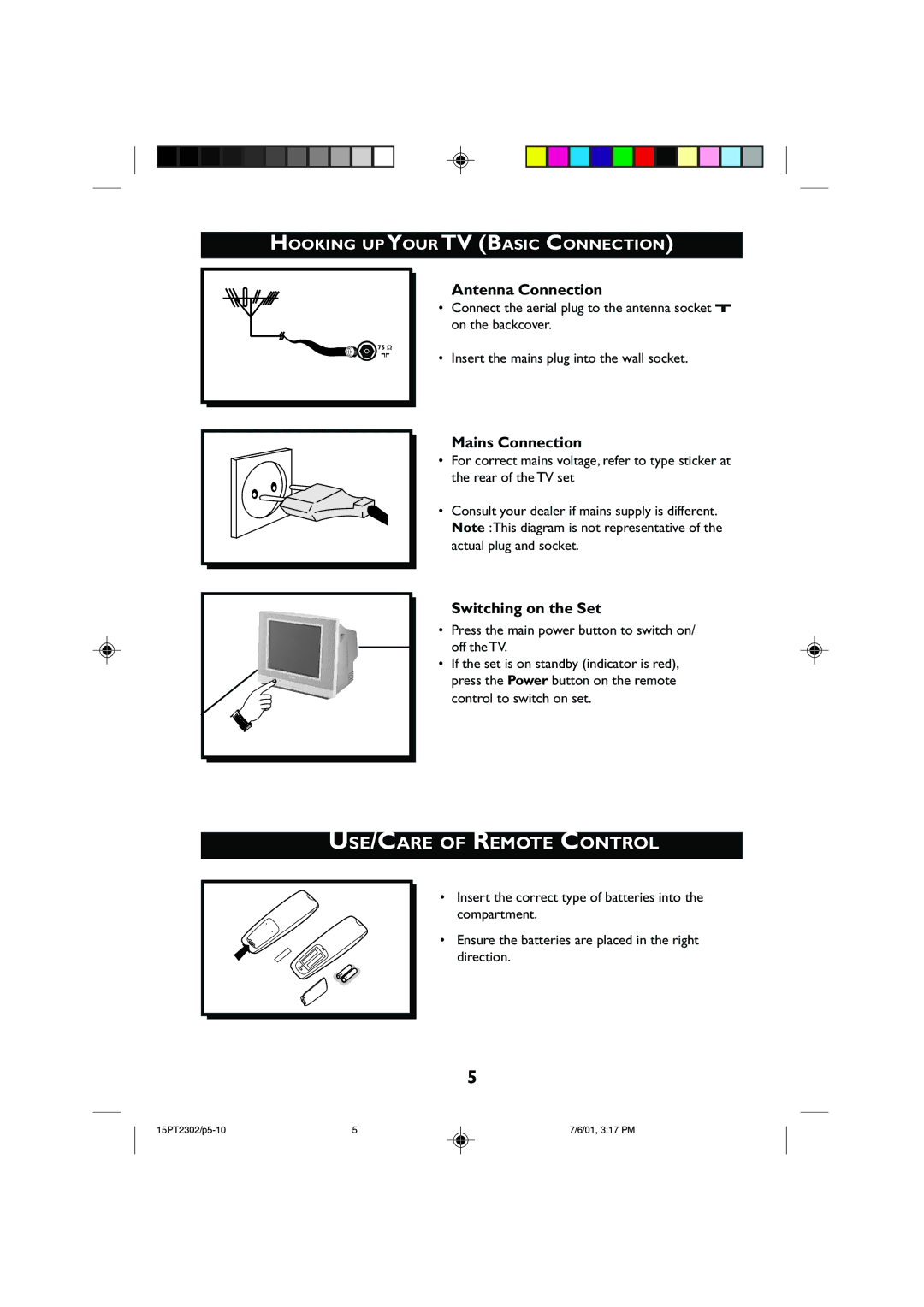Philips 15PT2302 Hooking UP Your TV Basic Connection, Antenna Connection, Mains Connection, Switching on the Set 