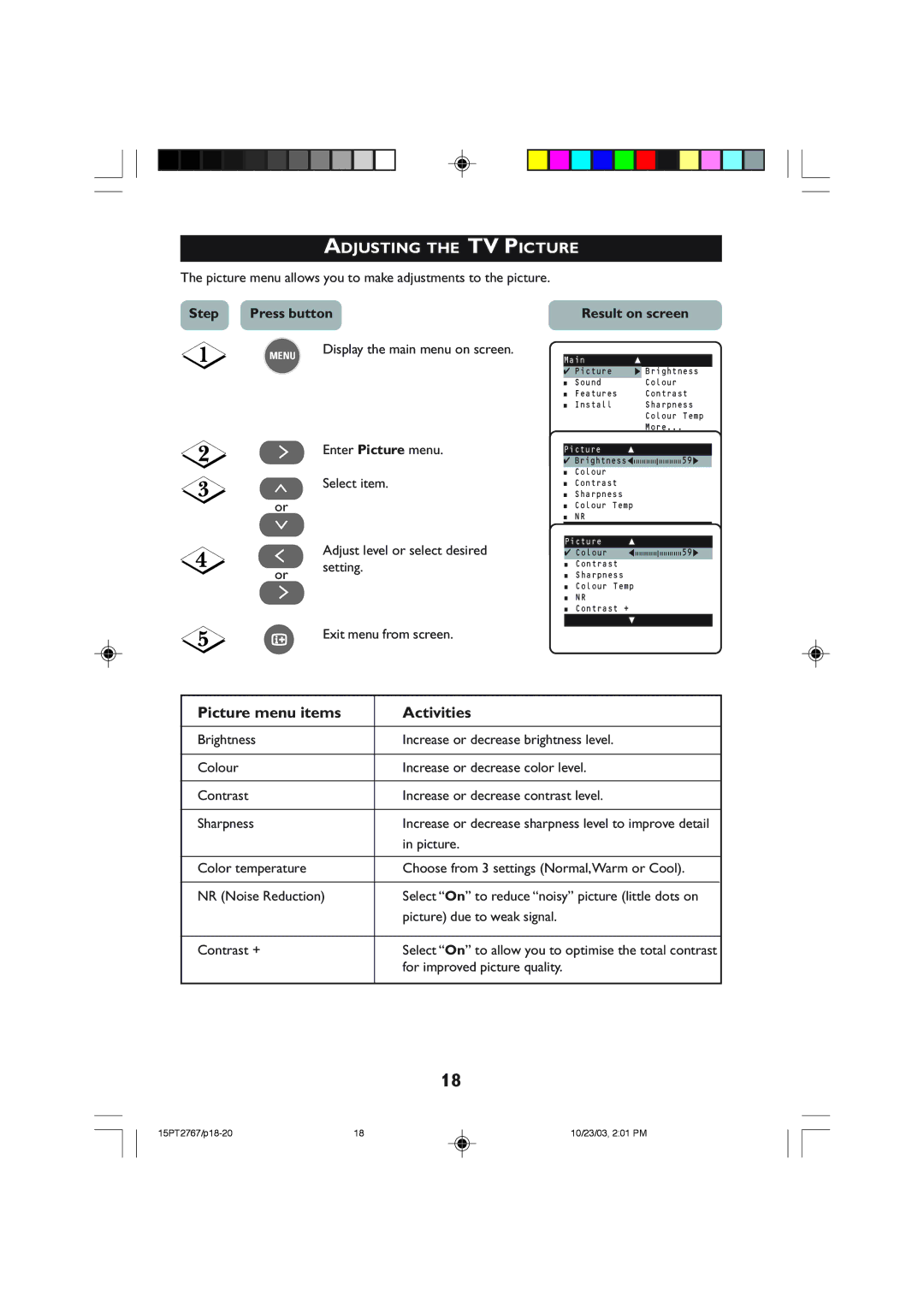 Philips 15PT2767 operating instructions Adjusting the TV Picture, Picture menu items Activities 