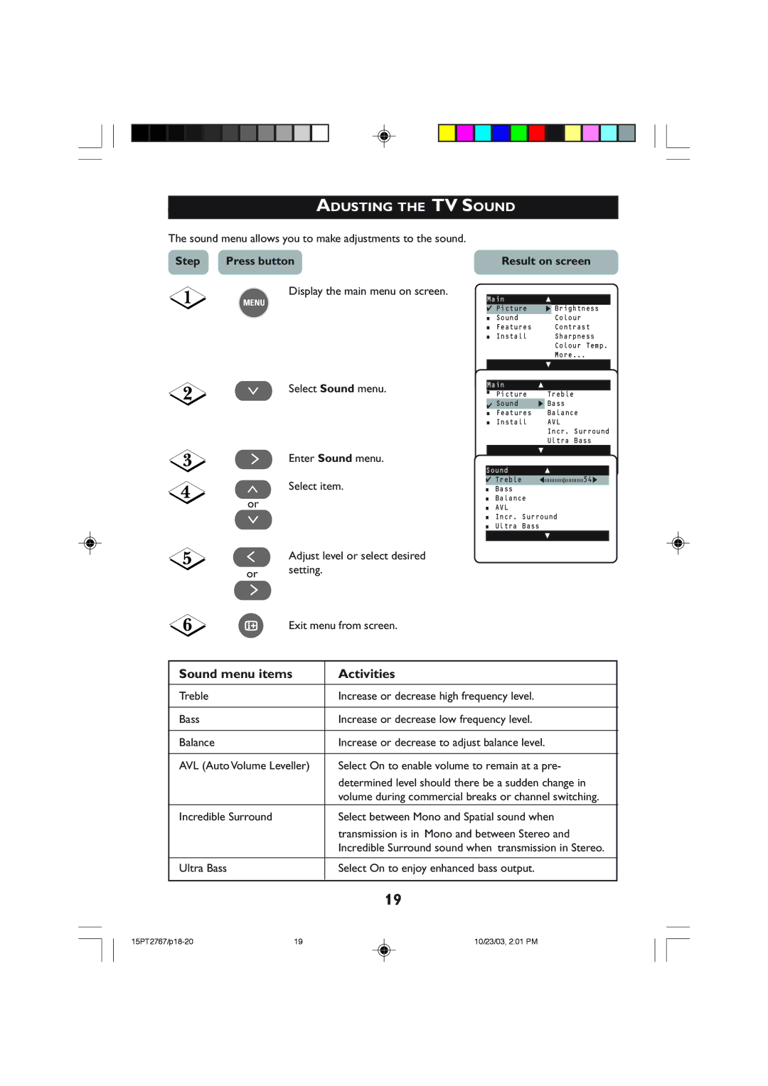 Philips 15PT2767 operating instructions Adusting the TV Sound, Sound menu items Activities 