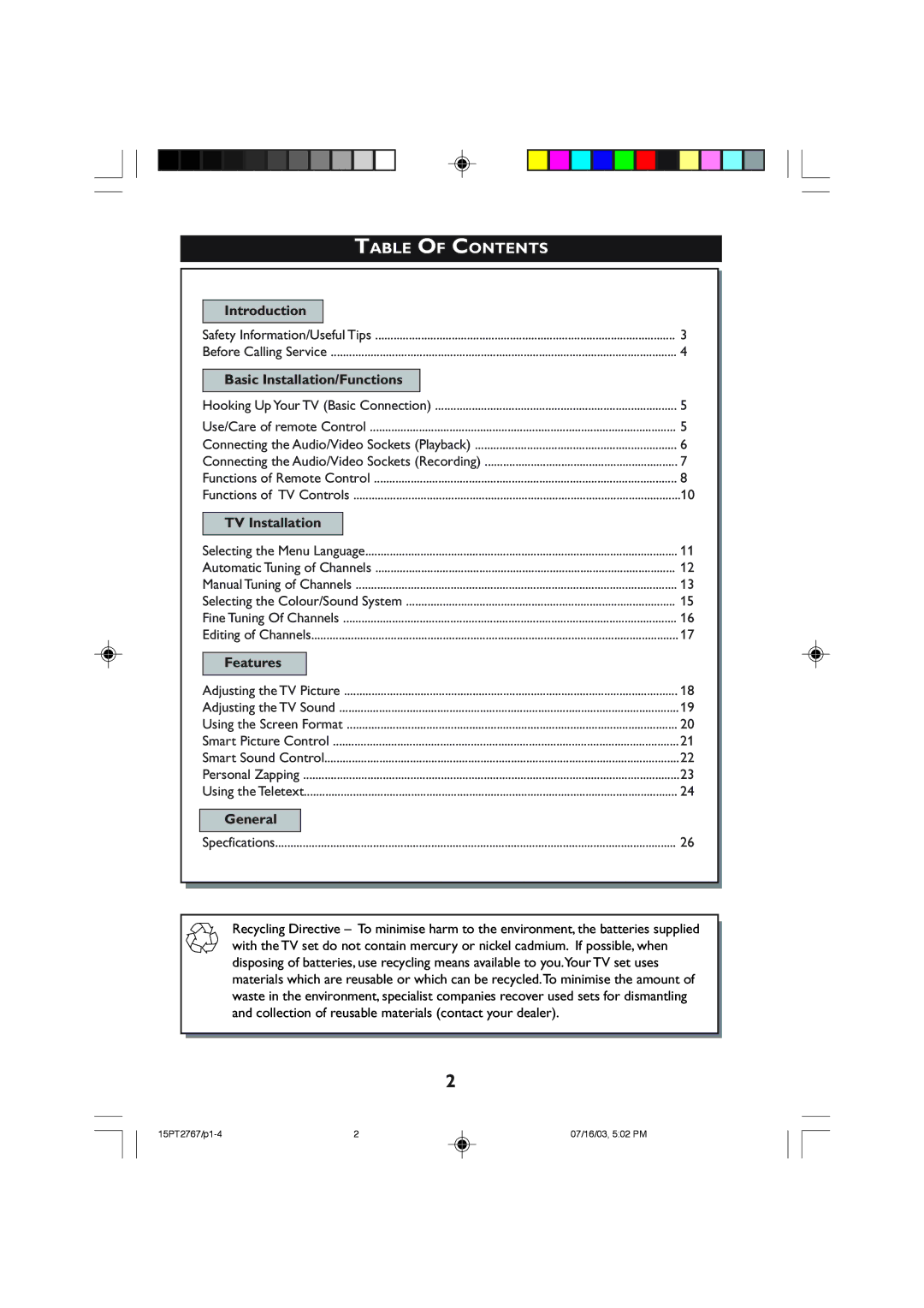 Philips 15PT2767 operating instructions Table of Contents 