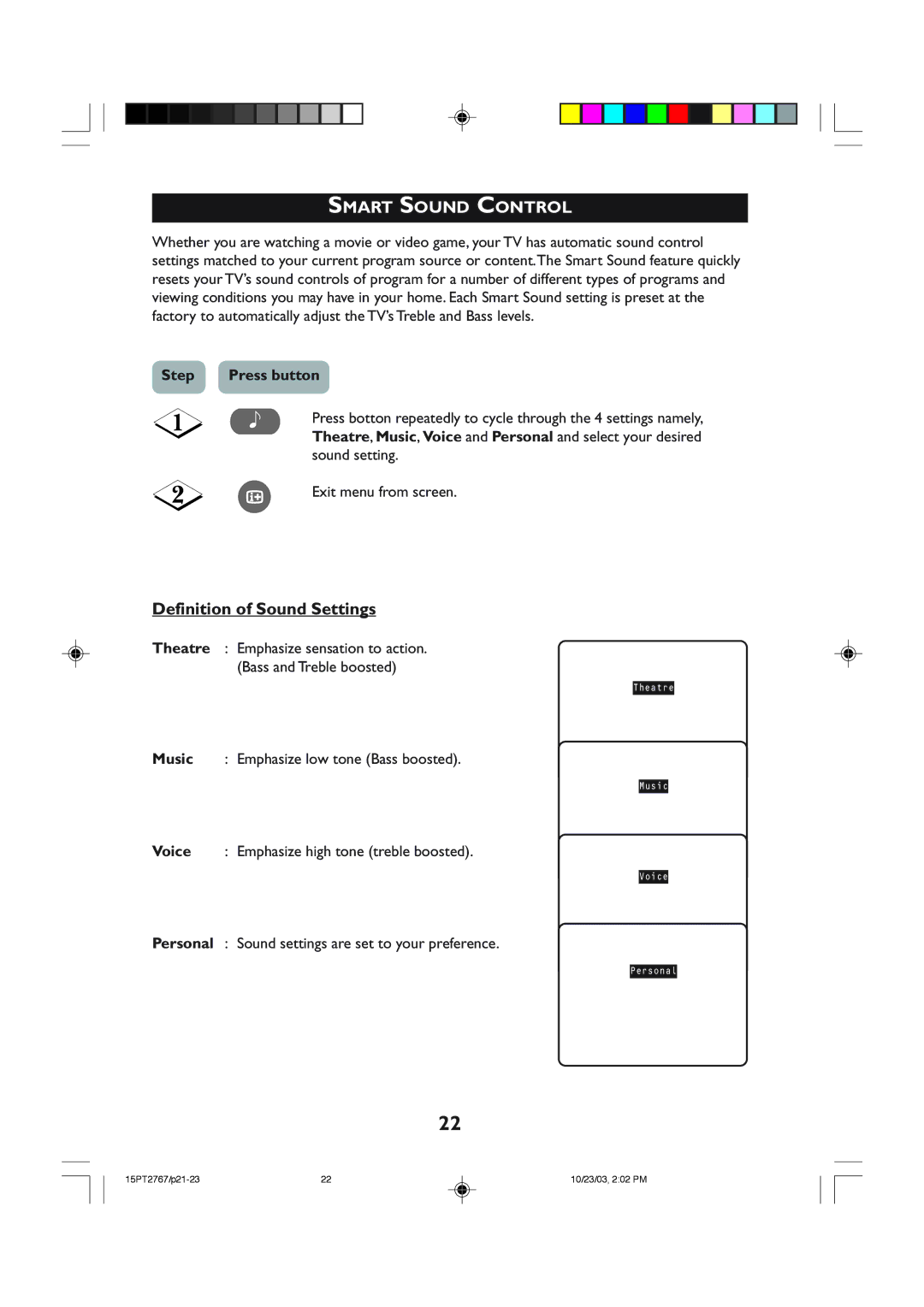 Philips 15PT2767 operating instructions Definition of Sound Settings 