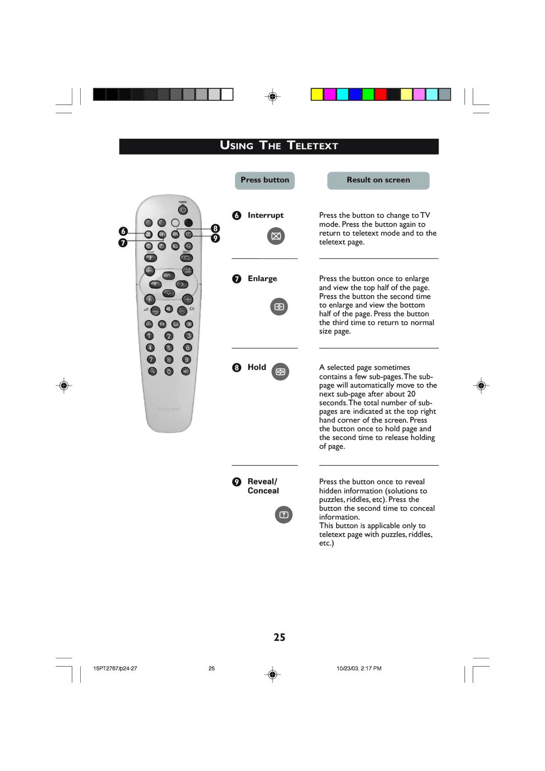 Philips 15PT2767 operating instructions Press button Result on screen § Interrupt, Enlarge, Hold, Reveal, Conceal 