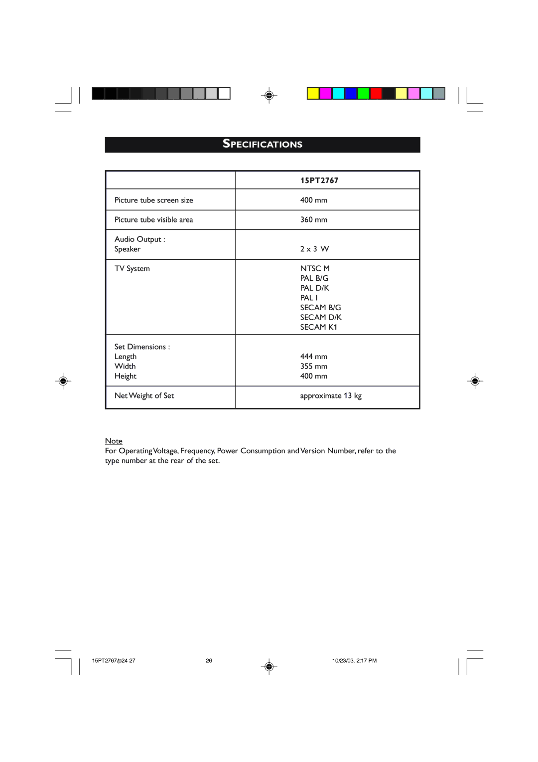 Philips 15PT2767 operating instructions Specifications 