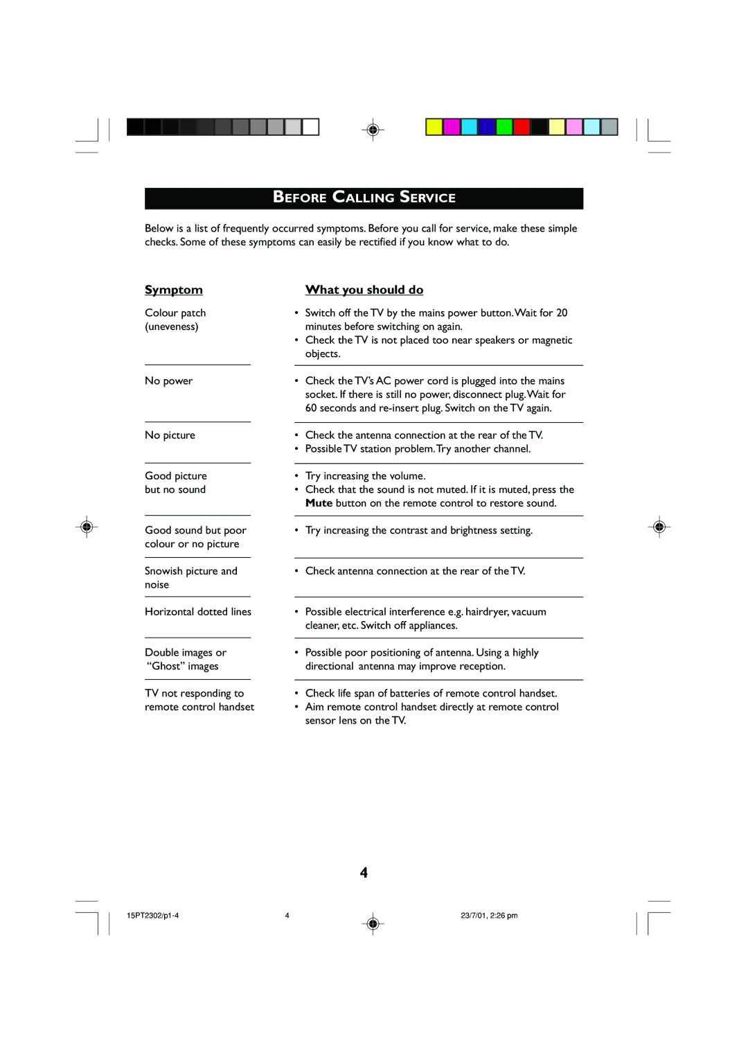 Philips 15PT2767 operating instructions Before Calling Service, Symptom What you should do, Objects, No power 