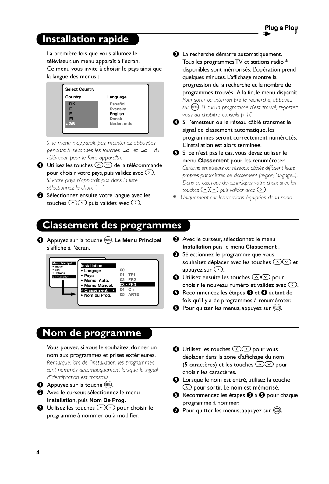 Philips 28PT5107 Installation rapide, Classement des programmes, Nom de programme, Avec le curseur, sélectionnez le menu 