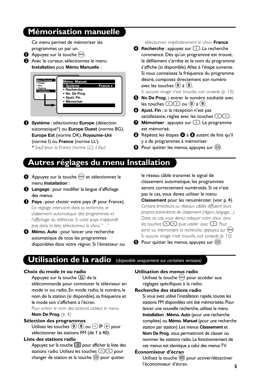 Philips 28PT5007, 15PT2966, 25PT 5107, 25PT 4457, 25PT5007 manual Mémorisation manuelle, Autres réglages du menu Installation 