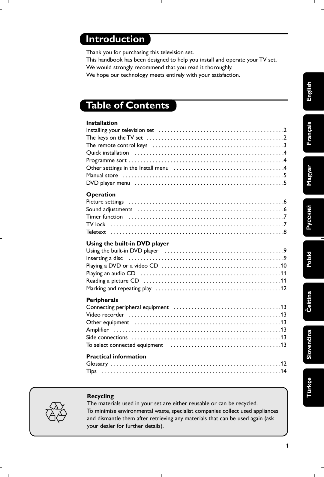 Philips 15PT6807/01 manual Introduction, Table of Contents 