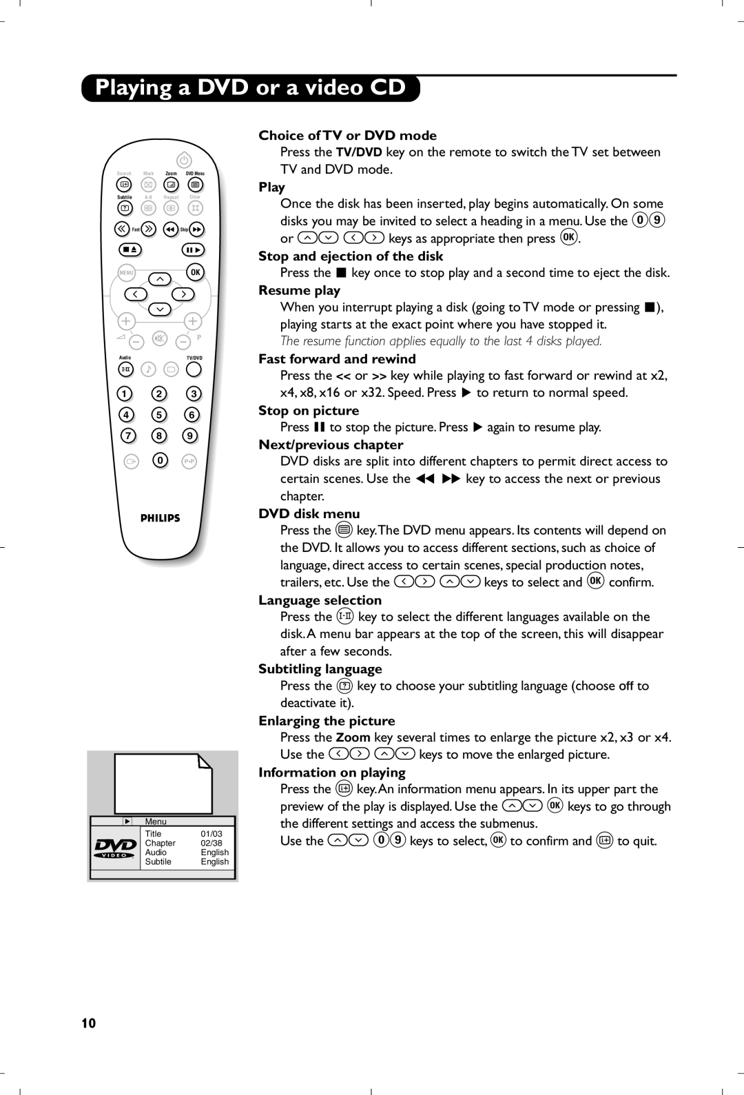 Philips 15PT6807/01 manual Playing a DVD or a video CD 