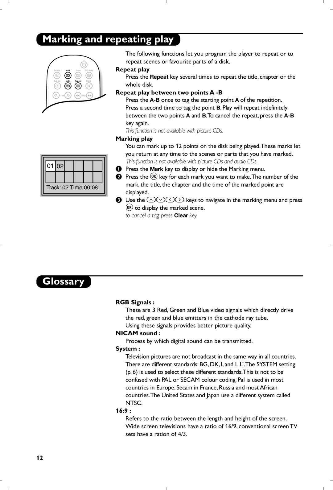 Philips 15PT6807/01 manual Marking and repeating play, Glossary 