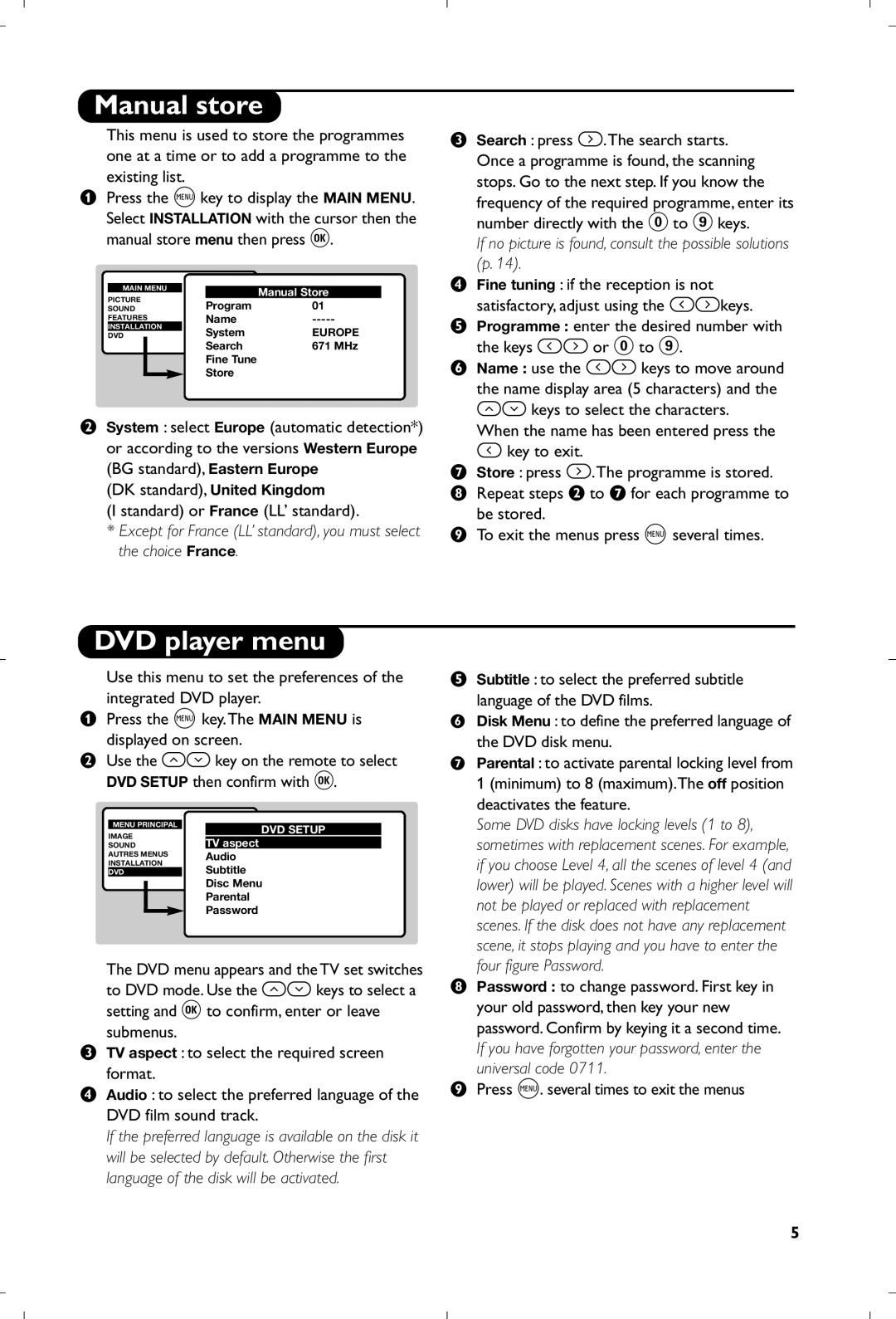 Philips 15PT6807/01 manual Manual store, DVD player menu, DK standard, United Kingdom Standard or France LL’ standard 