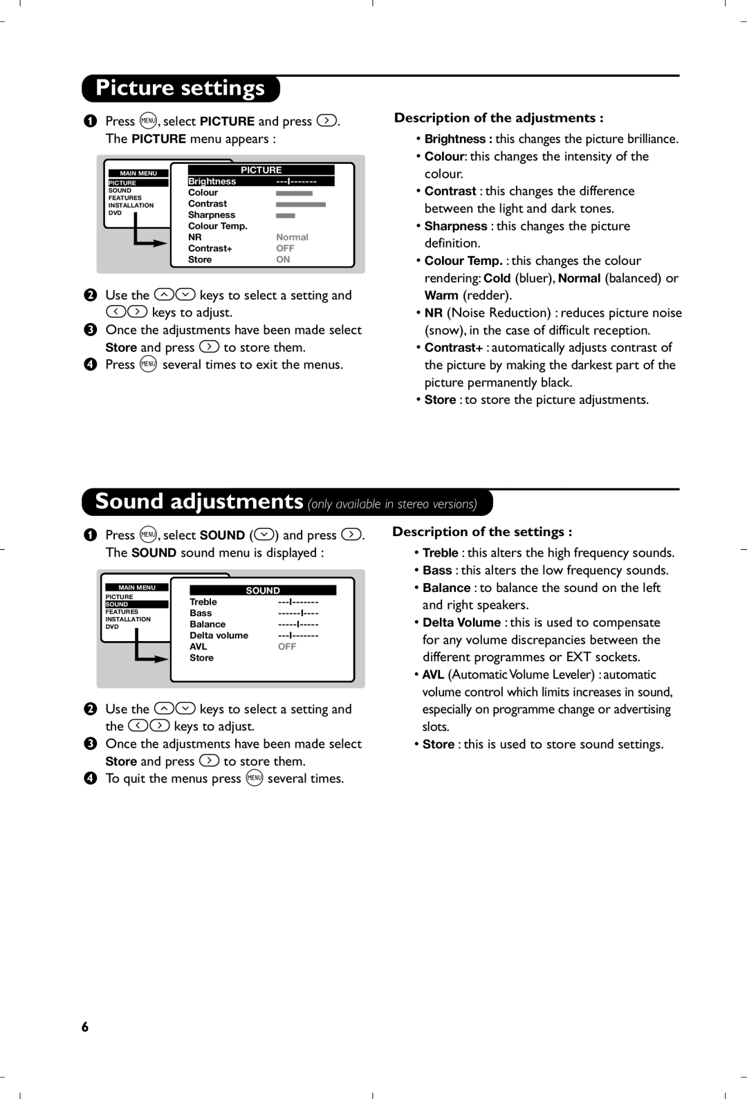 Philips 15PT6807/01 manual Picture settings, Description of the adjustments, Description of the settings 