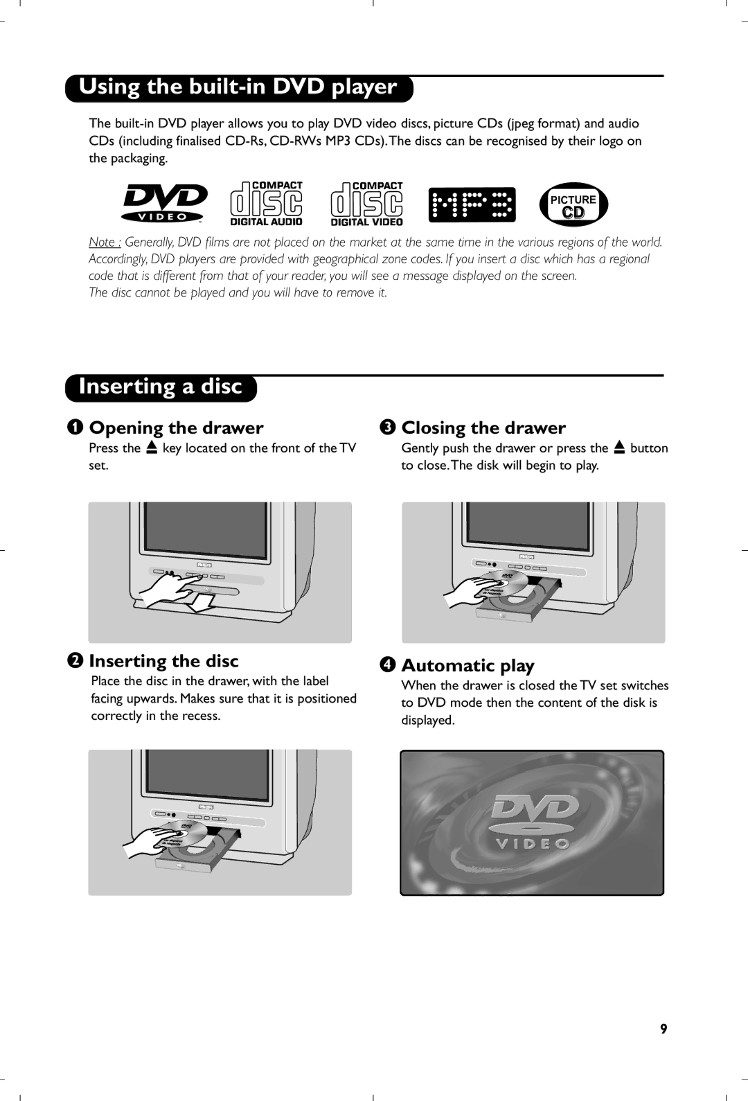 Philips 15PT6807/01 manual Using the built-in DVD player, Inserting a disc, Opening the drawer Closing the drawer 