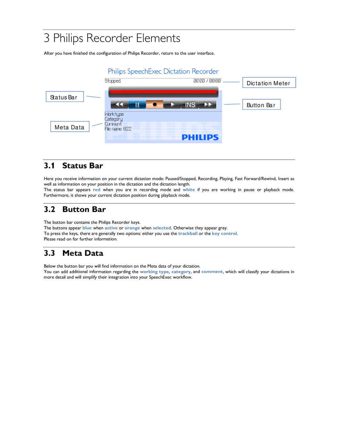 Philips 1.6.0.0 user manual Philips Recorder Elements, Status Bar, Button Bar, Meta Data 