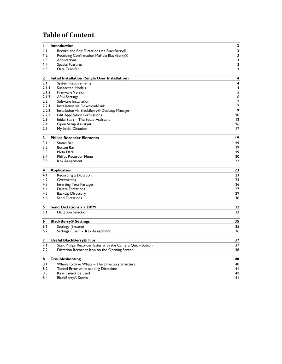 Philips 1.6.0.0 user manual Table of Content 