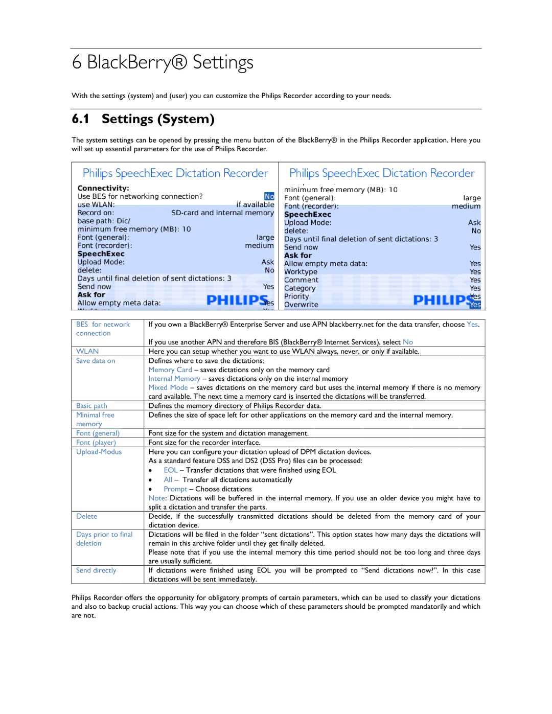 Philips 1.6.0.0 user manual BlackBerry Settings, Settings System 