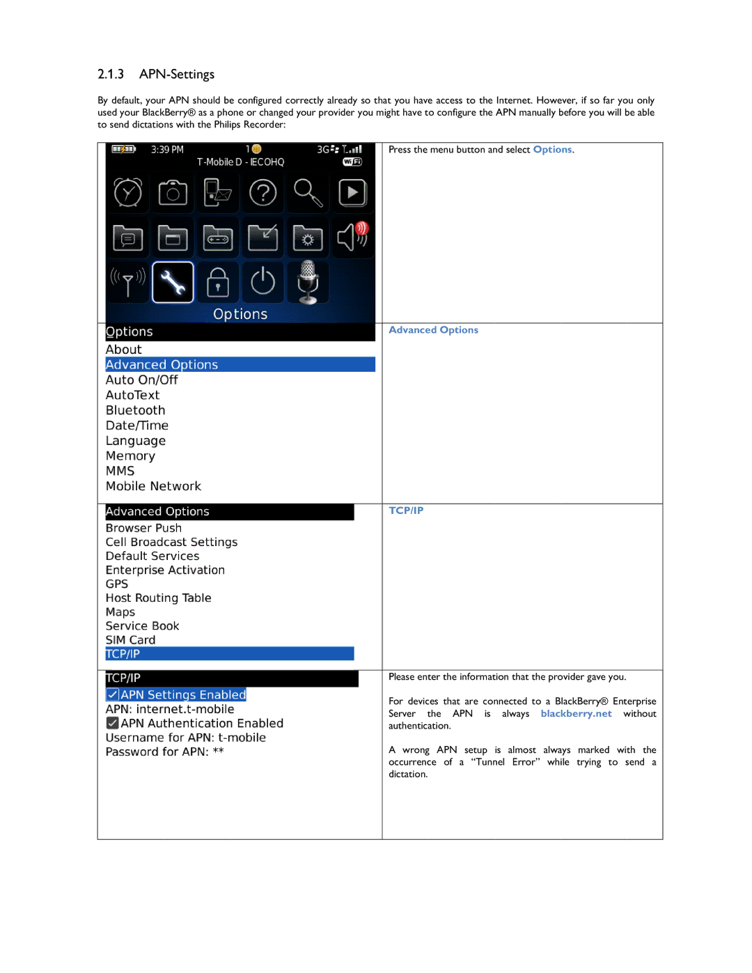 Philips 1.6.0.0 user manual APN -Settings, Advanced Options 