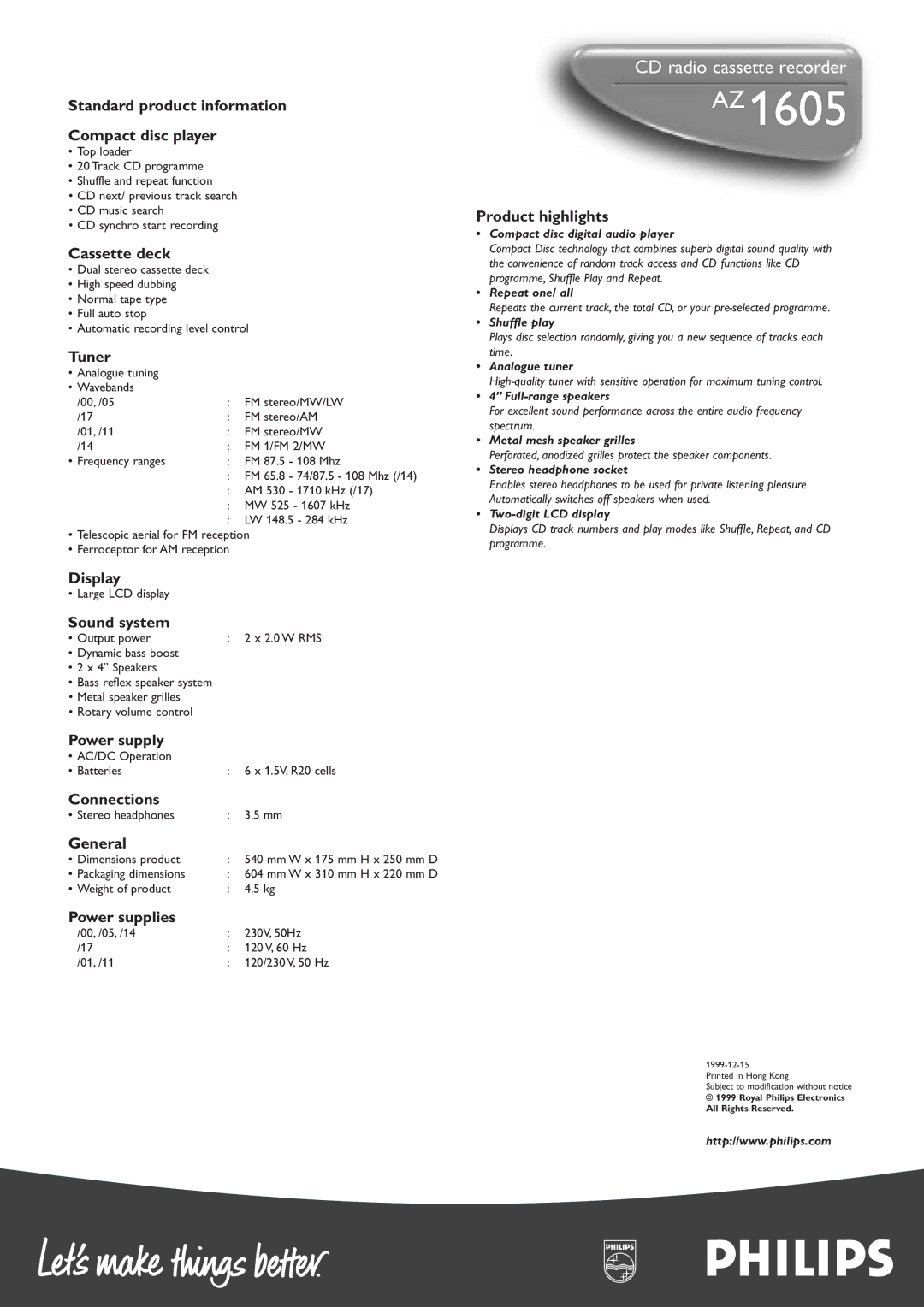 Philips 1605 Standard product information Compact disc player, Cassette deck, Tuner, Display, Sound system, Power supply 