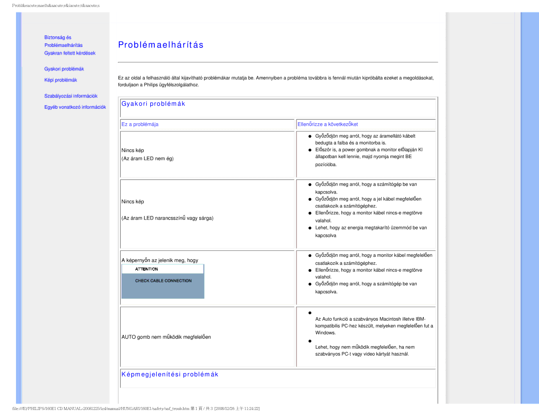 Philips 1.60E+03 user manual Problémaelhárítás 