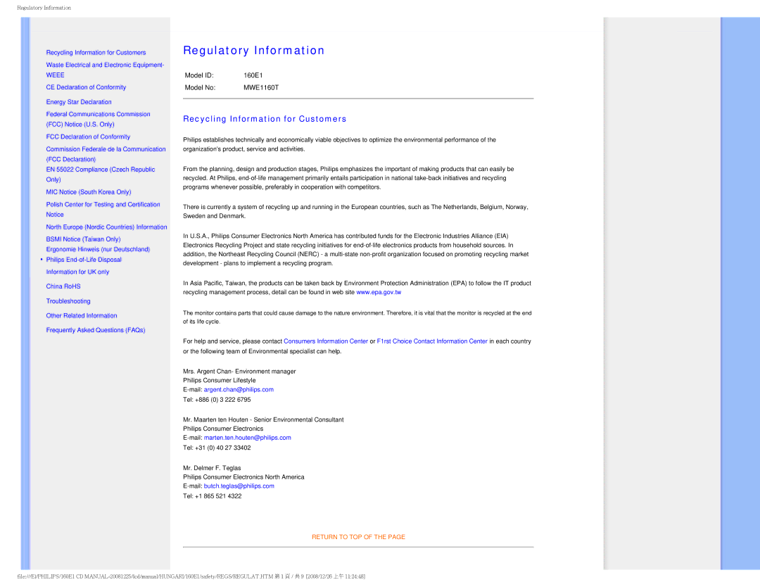 Philips 1.60E+03 user manual Regulatory Information 