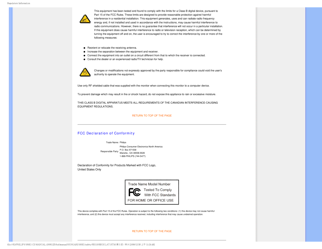 Philips 1.60E+03 user manual FCC Declaration of Conformity 