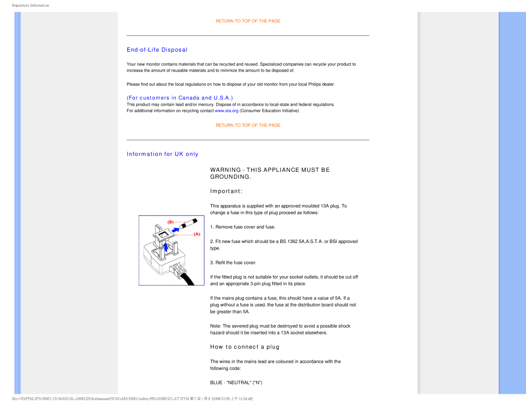 Philips 1.60E+03 user manual Grounding 