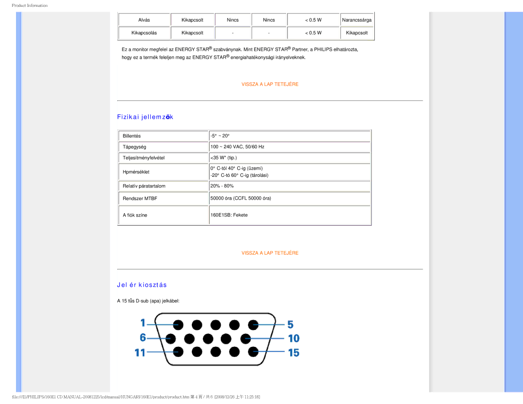 Philips 1.60E+03 user manual Fizikai jellemzők, Jel ér kiosztás 