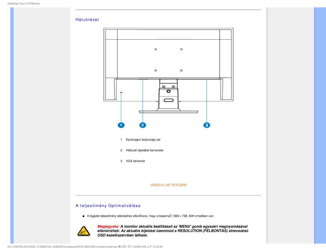 Philips 1.60E+03 user manual Hátulnézet, Teljesítmény Optimalizálása 